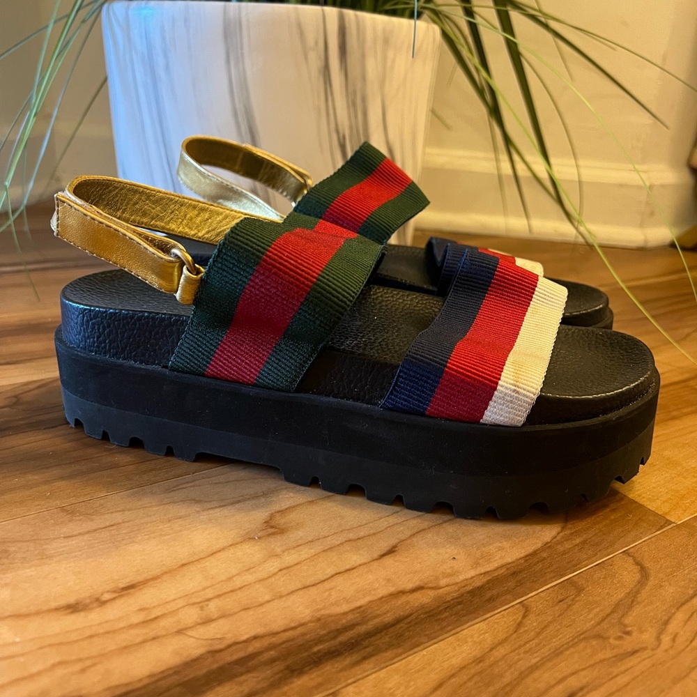 Gucci platform sandals with signature Gucci colors strips